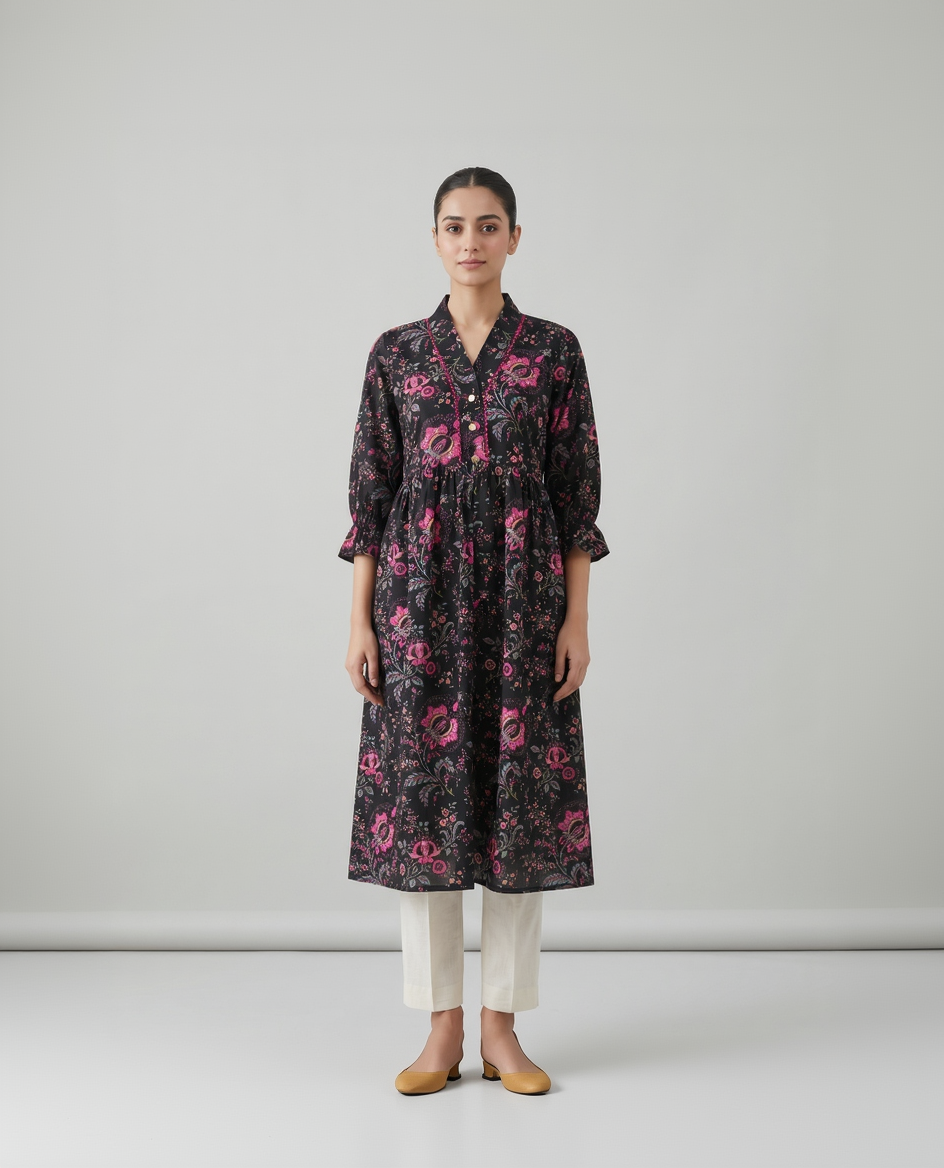 Black Cotton Slub Floral Gathered Midi Dress – Vibrant Pink Digital Print – Ruffle Sleeve Detail