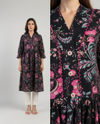Black Cotton Slub Floral Gathered Midi Dress – Vibrant Pink Digital Print – Ruffle Sleeve Detail