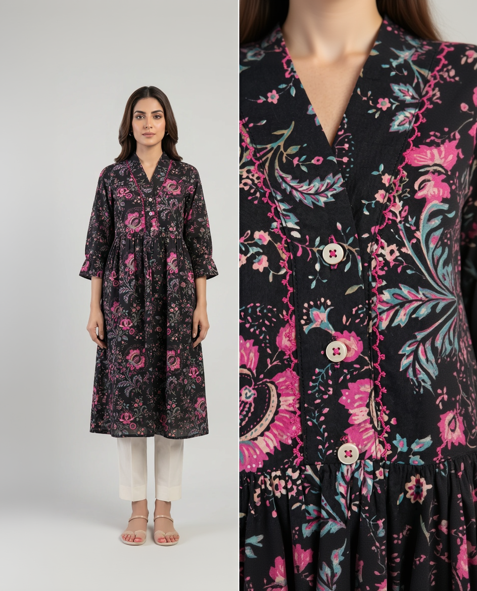 Black Cotton Slub Floral Gathered Midi Dress – Vibrant Pink Digital Print – Ruffle Sleeve Detail