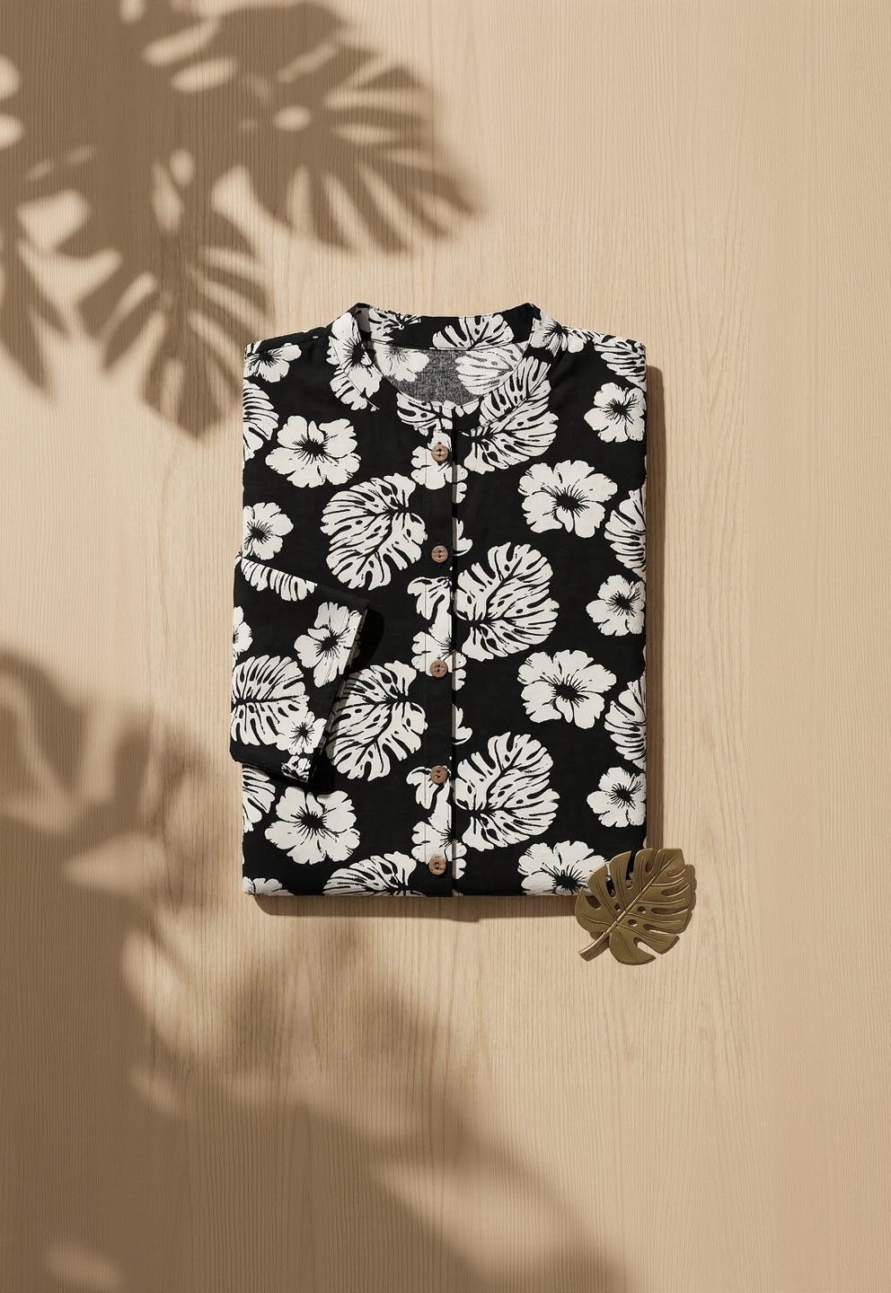 Black Floral Botanical Midi Dress – Premium Cotton Button-Down Kurta – Elegant Hand-Block Style Print for Women