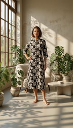 Black Floral Botanical Midi Dress – Premium Cotton Button-Down Kurta – Elegant Hand-Block Style Print for Women