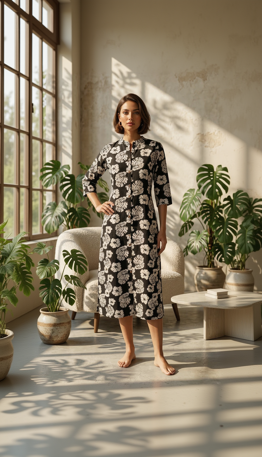 Black Floral Botanical Midi Dress – Premium Cotton Button-Down Kurta – Elegant Hand-Block Style Print for Women