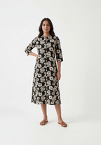Black Floral Botanical Midi Dress – Premium Cotton Button-Down Kurta – Elegant Hand-Block Style Print for Women