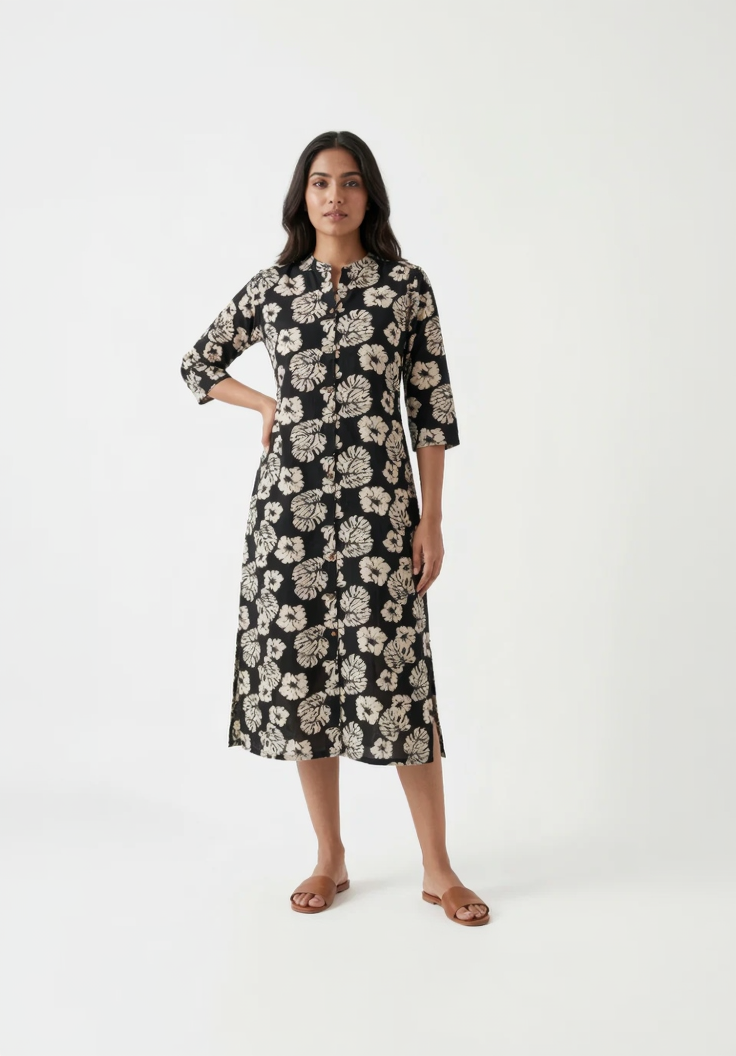 Black Floral Botanical Midi Dress – Premium Cotton Button-Down Kurta – Elegant Hand-Block Style Print for Women