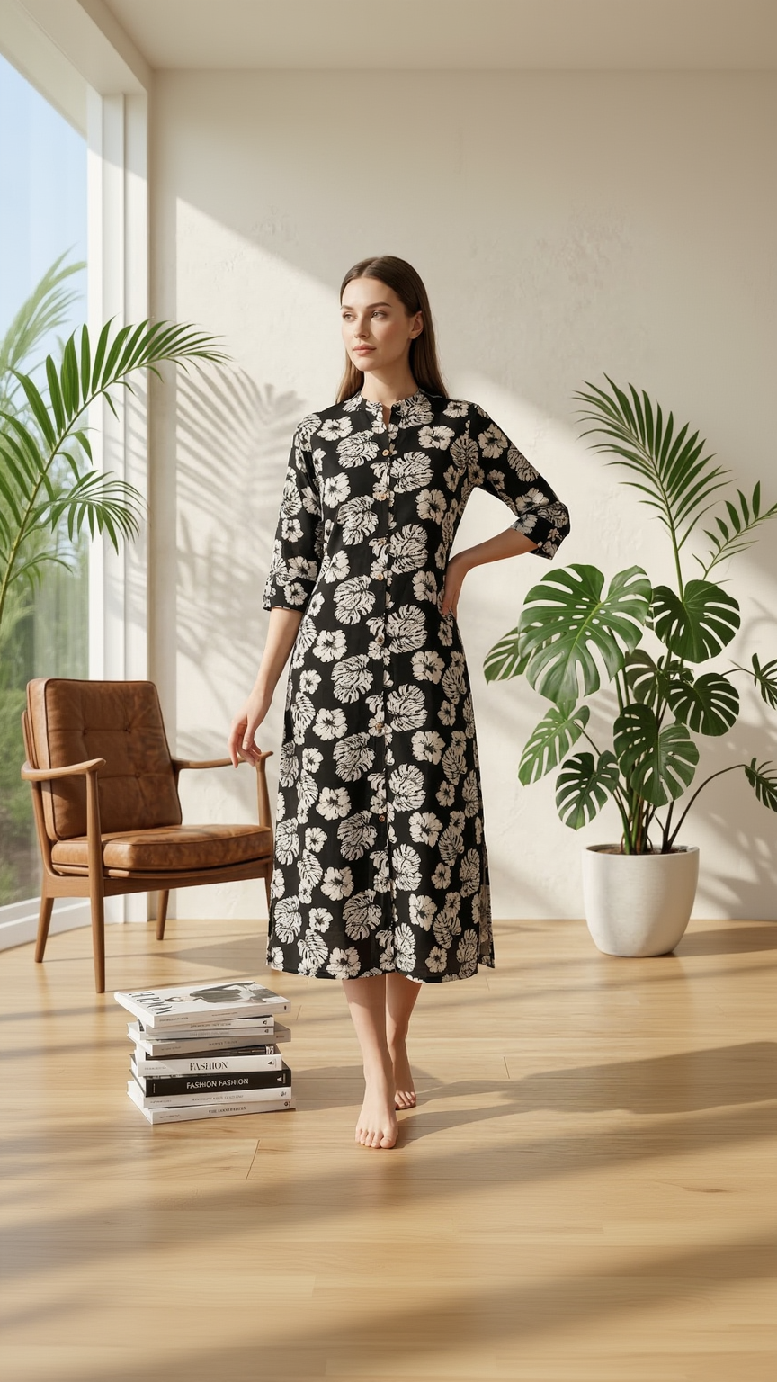 Black Floral Botanical Midi Dress – Premium Cotton Button-Down Kurta – Elegant Hand-Block Style Print for Women