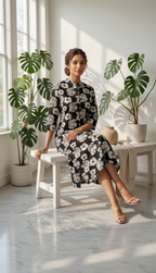 Black Floral Botanical Midi Dress – Premium Cotton Button-Down Kurta – Elegant Hand-Block Style Print for Women