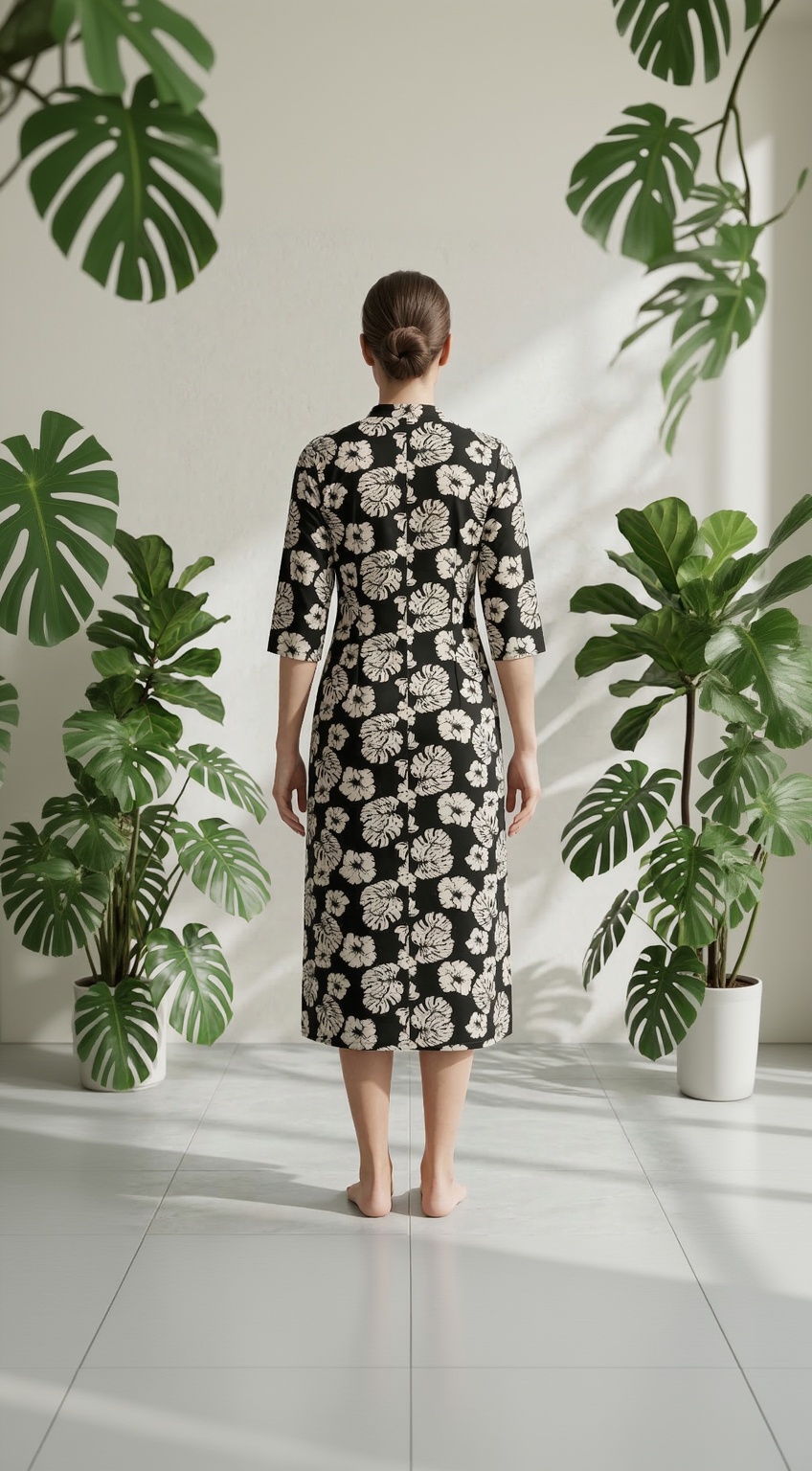 Black Floral Botanical Midi Dress – Premium Cotton Button-Down Kurta – Elegant Hand-Block Style Print for Women