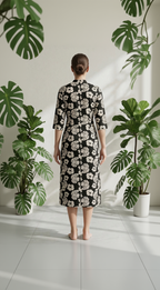 Black Floral Botanical Midi Dress – Premium Cotton Button-Down Kurta – Elegant Hand-Block Style Print for Women