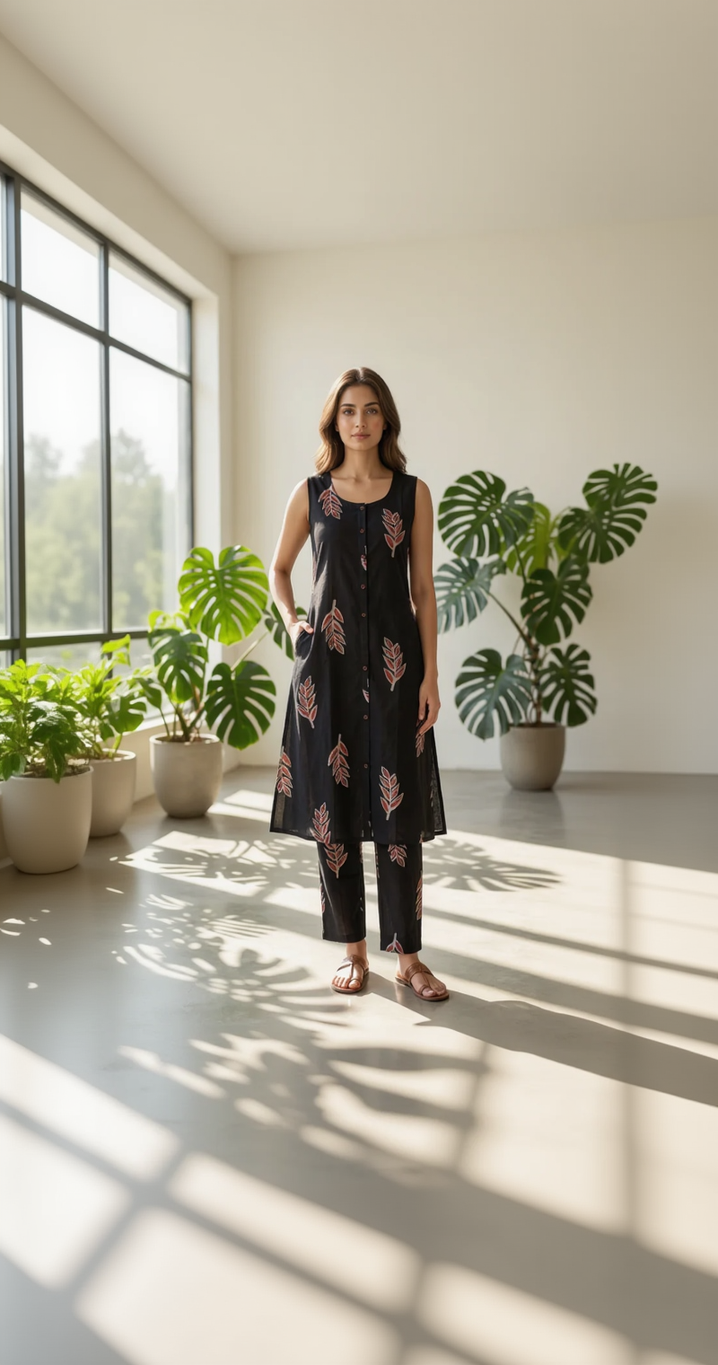 Black Leaf Print Cotton Co-ord Kurta Set – Rust & Beige Botanical Block Print – Elegant Sleeveless Kurta Pant Set