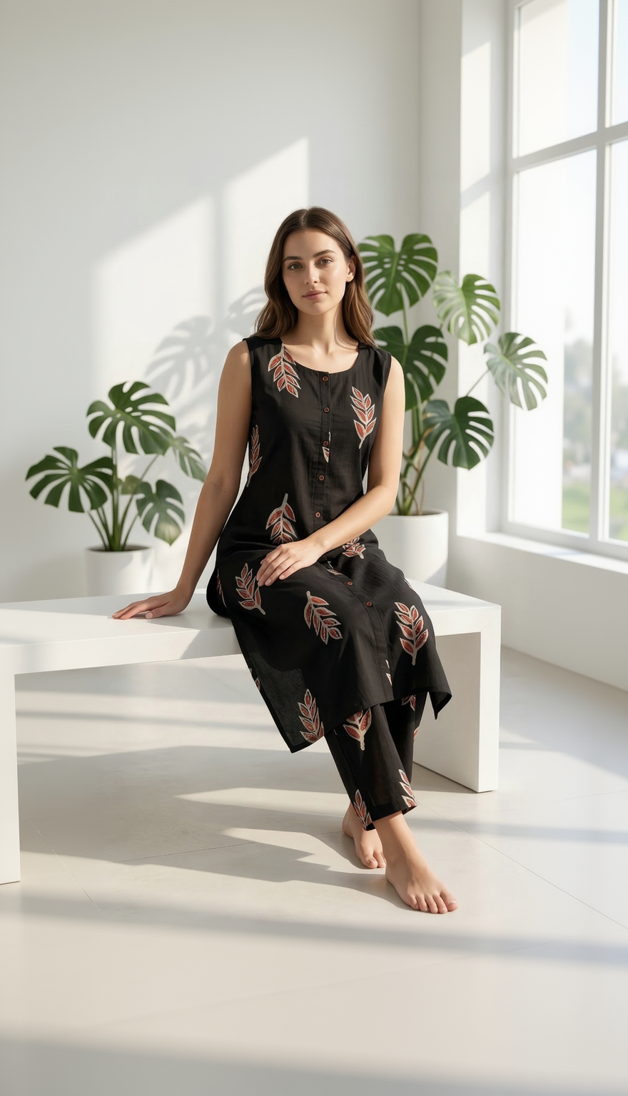 Black Leaf Print Cotton Co-ord Kurta Set – Rust & Beige Botanical Block Print – Elegant Sleeveless Kurta Pant Set