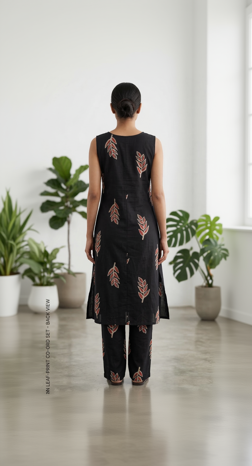 Black Leaf Print Cotton Co-ord Kurta Set – Rust & Beige Botanical Block Print – Elegant Sleeveless Kurta Pant Set