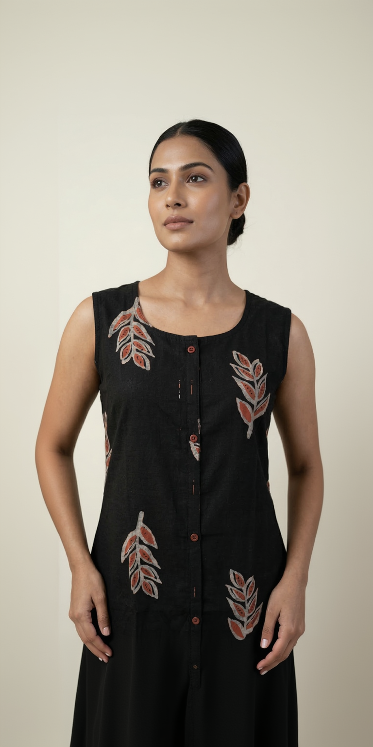 Black Leaf Print Cotton Co-ord Kurta Set – Rust & Beige Botanical Block Print – Elegant Sleeveless Kurta Pant Set