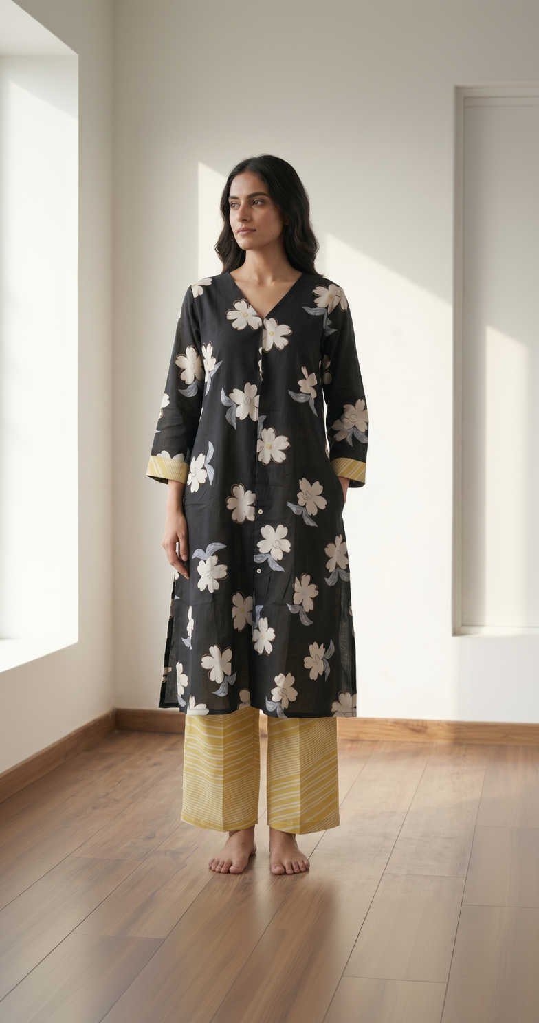 Black Mul Cotton A-Line Kurta Set – Floral Motifs with Contrast Striped Pants