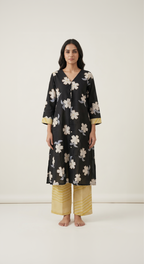 Black Mul Cotton A-Line Kurta Set – Floral Motifs with Contrast Striped Pants