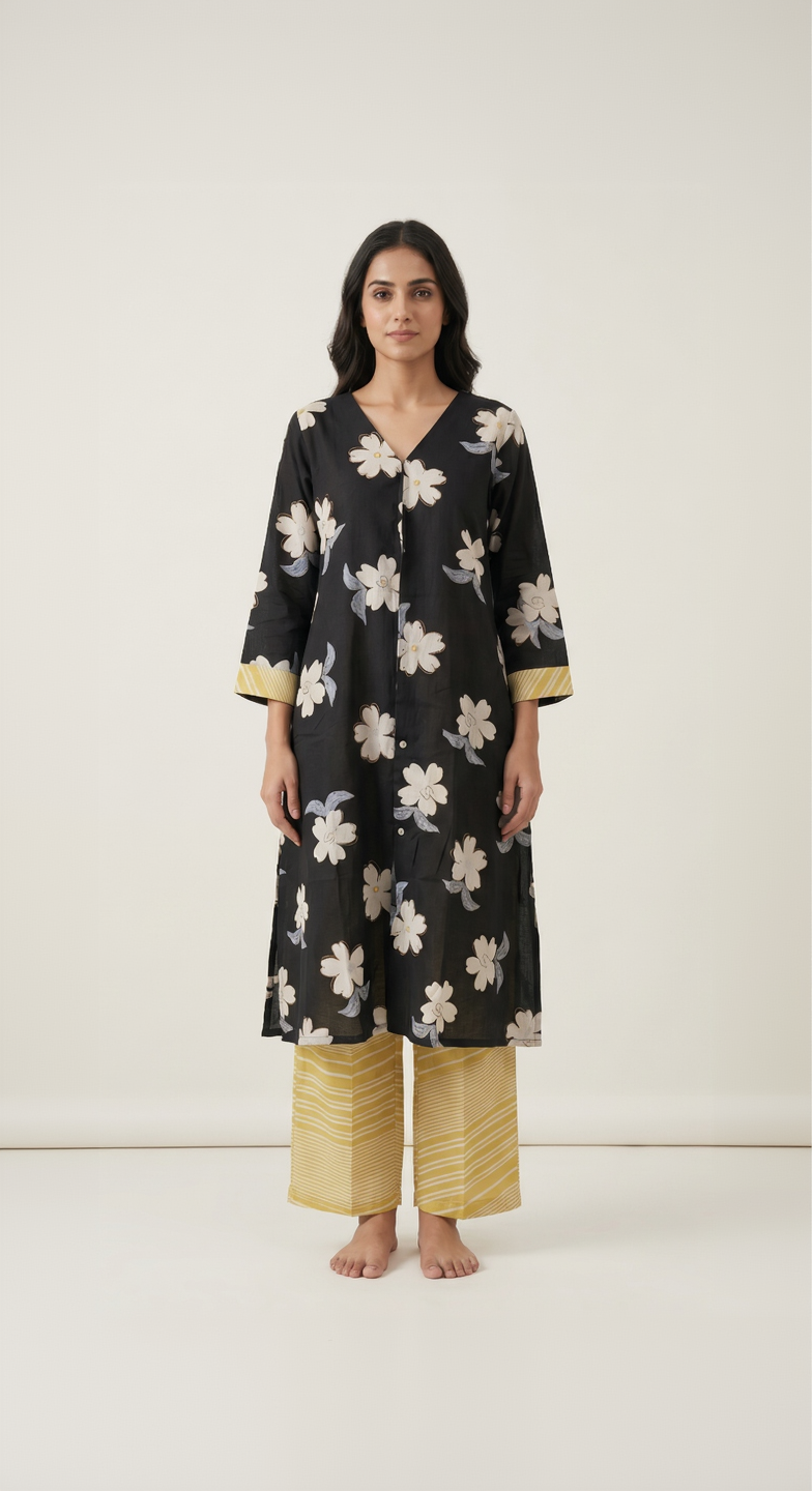 Black Mul Cotton A-Line Kurta Set – Floral Motifs with Contrast Striped Pants