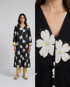 Black Mul Cotton A-Line Kurta Set – Floral Motifs with Contrast Striped Pants