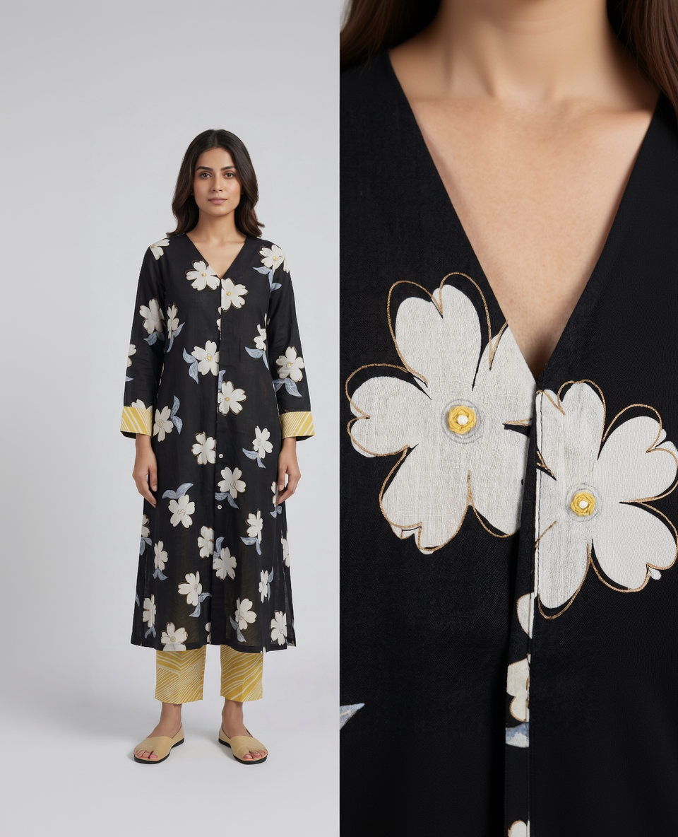 Black Mul Cotton A-Line Kurta Set – Floral Motifs with Contrast Striped Pants