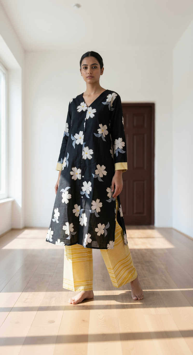 Black Mul Cotton A-Line Kurta Set – Floral Motifs with Contrast Striped Pants
