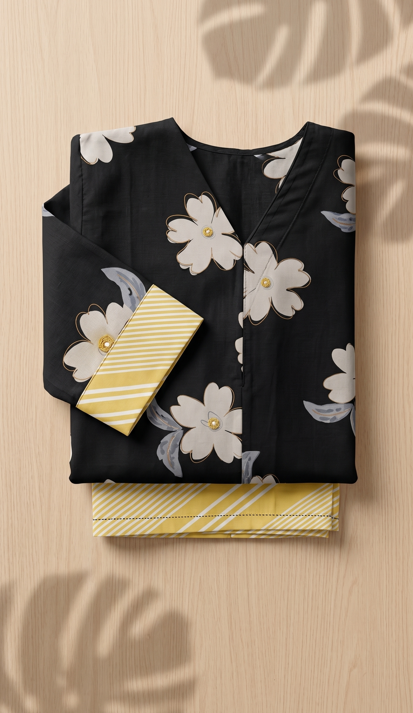 Black Mul Cotton A-Line Kurta Set – Floral Motifs with Contrast Striped Pants