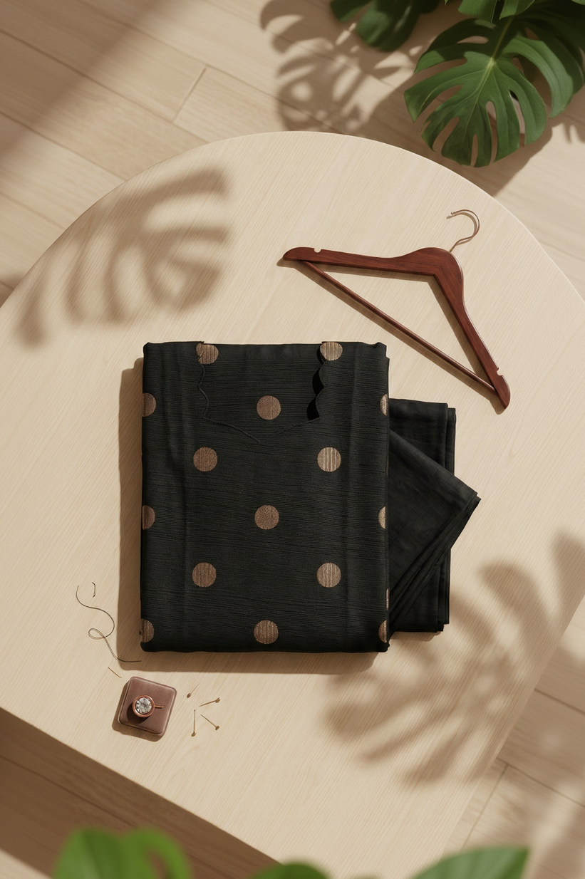 Black Polka Cotton Kurta Pant Set – Golden Polka Dot Daily Wear – Elegant Co-ord for Women