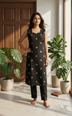 Black Polka Cotton Kurta Pant Set – Golden Polka Dot Daily Wear – Elegant Co-ord for Women