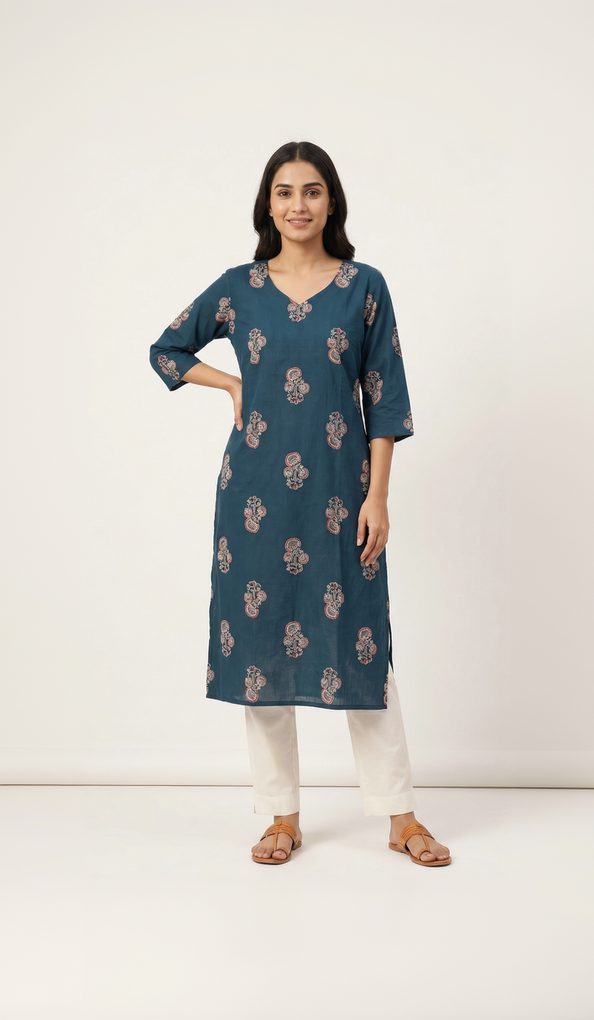 Indigo Blue Cotton Slub Kurta – Traditional Paisley Butti Print – Elegant Daily Wear