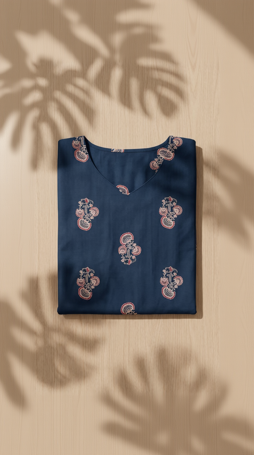 Indigo Blue Cotton Slub Kurta – Traditional Paisley Butti Print – Elegant Daily Wear