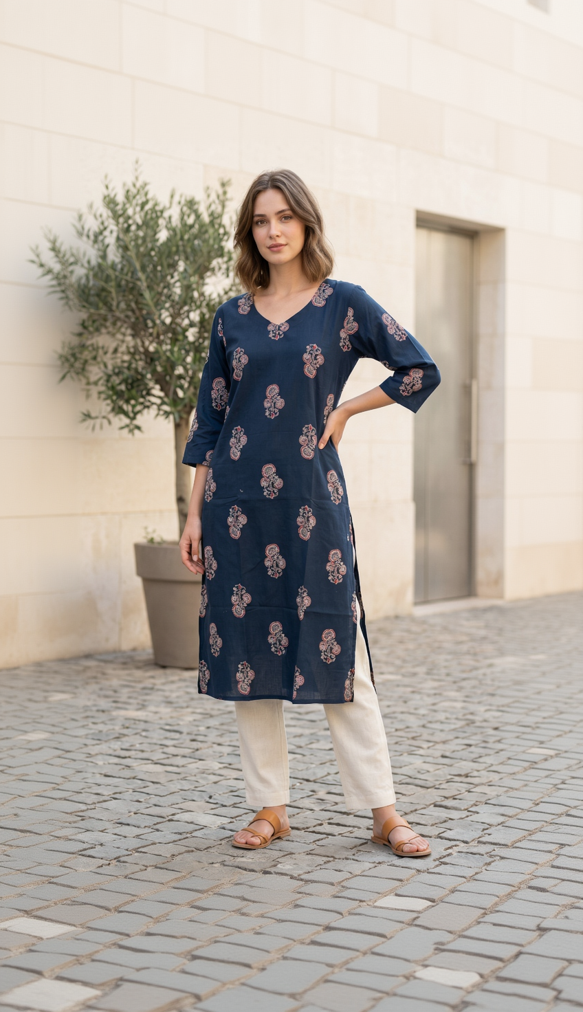 Indigo Blue Cotton Slub Kurta – Traditional Paisley Butti Print – Elegant Daily Wear
