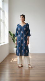 Indigo Blue Cotton Slub Kurta – Traditional Paisley Butti Print – Elegant Daily Wear