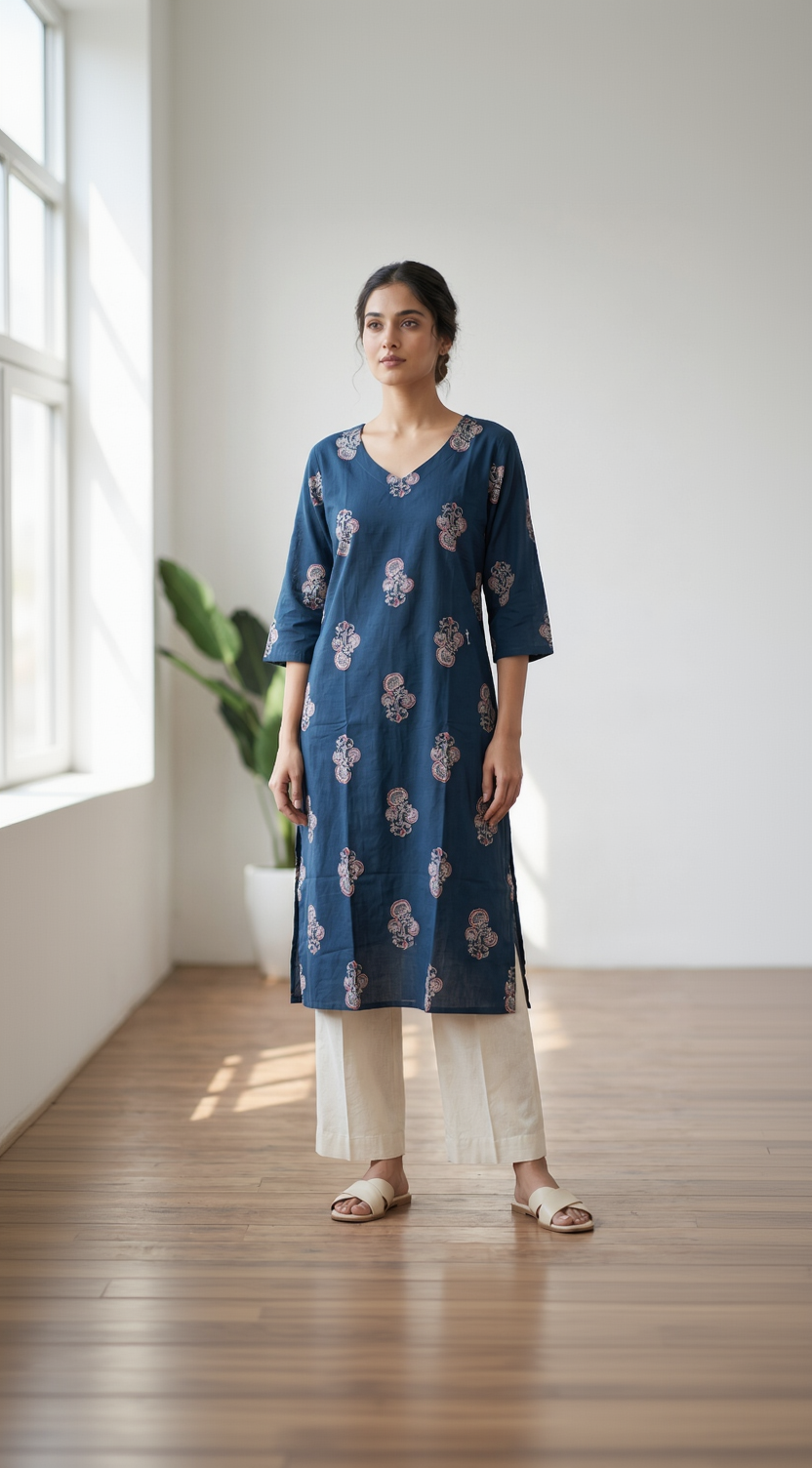 Indigo Blue Cotton Slub Kurta – Traditional Paisley Butti Print – Elegant Daily Wear
