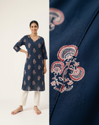 Indigo Blue Cotton Slub Kurta – Traditional Paisley Butti Print – Elegant Daily Wear