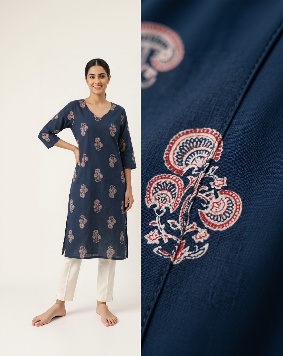 Indigo Blue Cotton Slub Kurta – Traditional Paisley Butti Print – Elegant Daily Wear