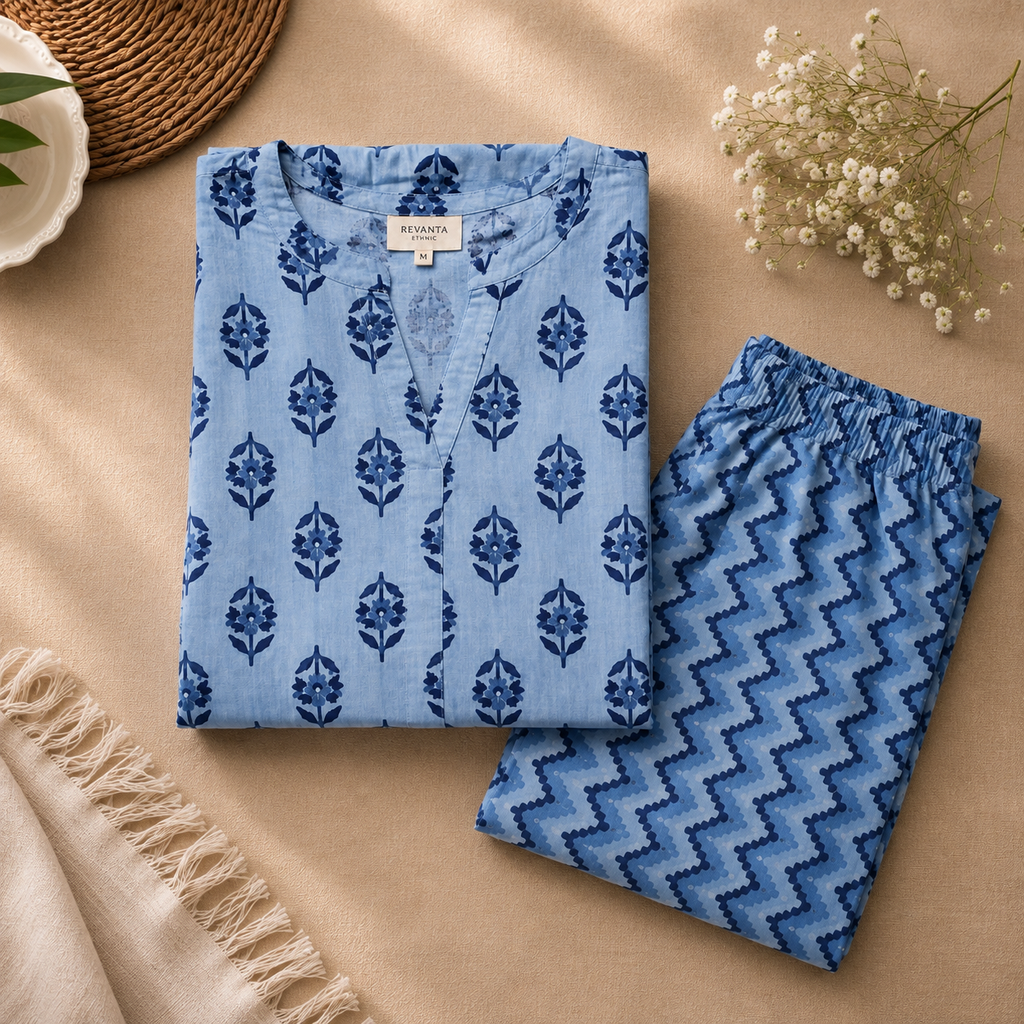 Revanta Blue Printed Cambric cotton Kurta Pant Set