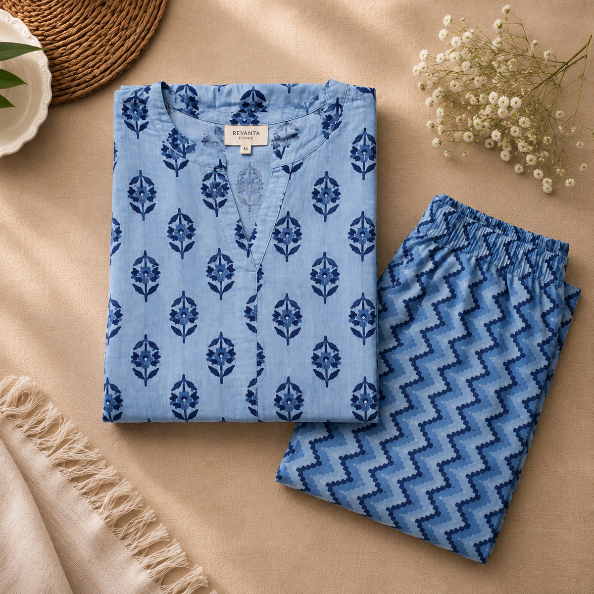 Revanta Blue Printed Cambric cotton Kurta Pant Set
