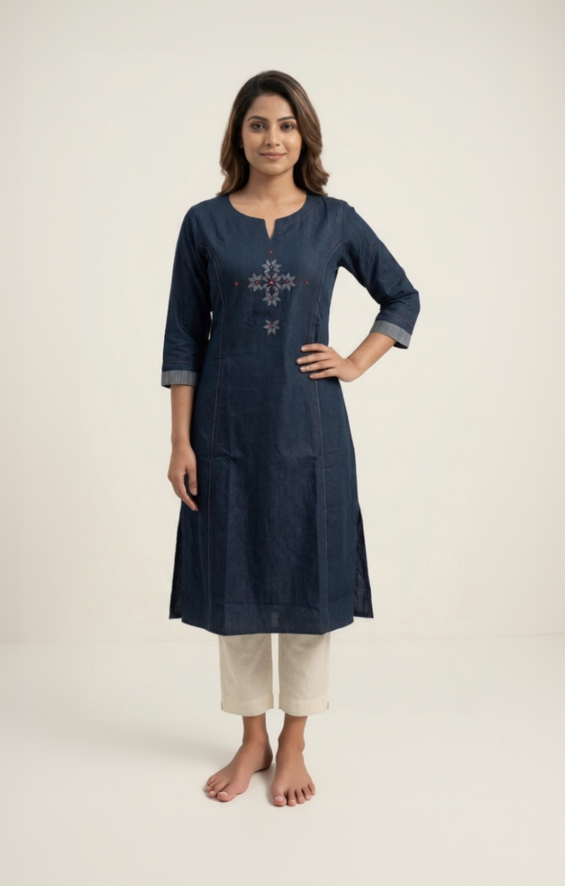 Anvita Slate Blue Slub Cotton Kurta – Maroon Tribal Yoke Embroidery – Elegant Daily Wear