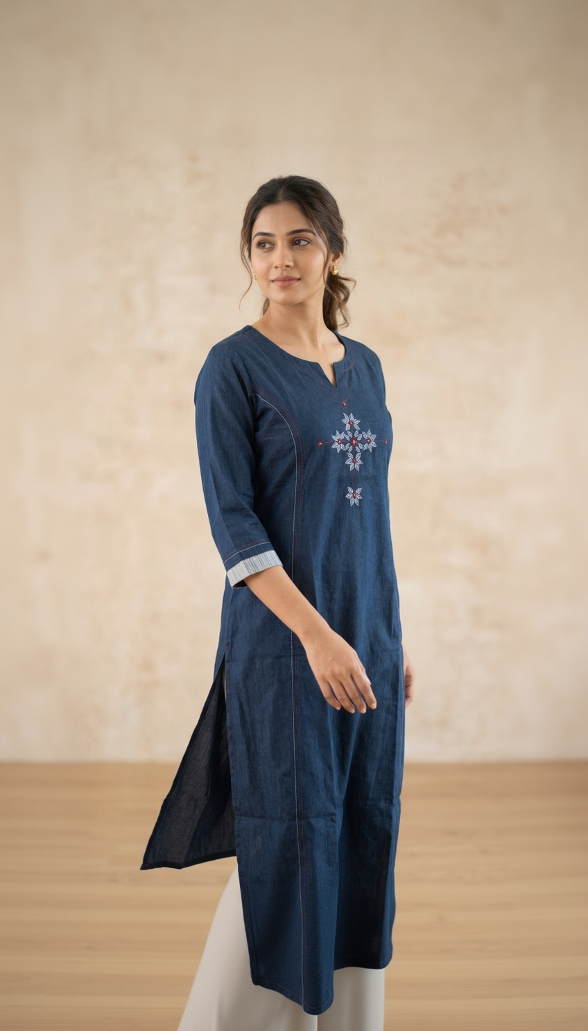 Anvita Slate Blue Slub Cotton Kurta – Maroon Tribal Yoke Embroidery – Elegant Daily Wear