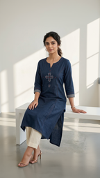 Anvita Slate Blue Slub Cotton Kurta – Maroon Tribal Yoke Embroidery – Elegant Daily Wear