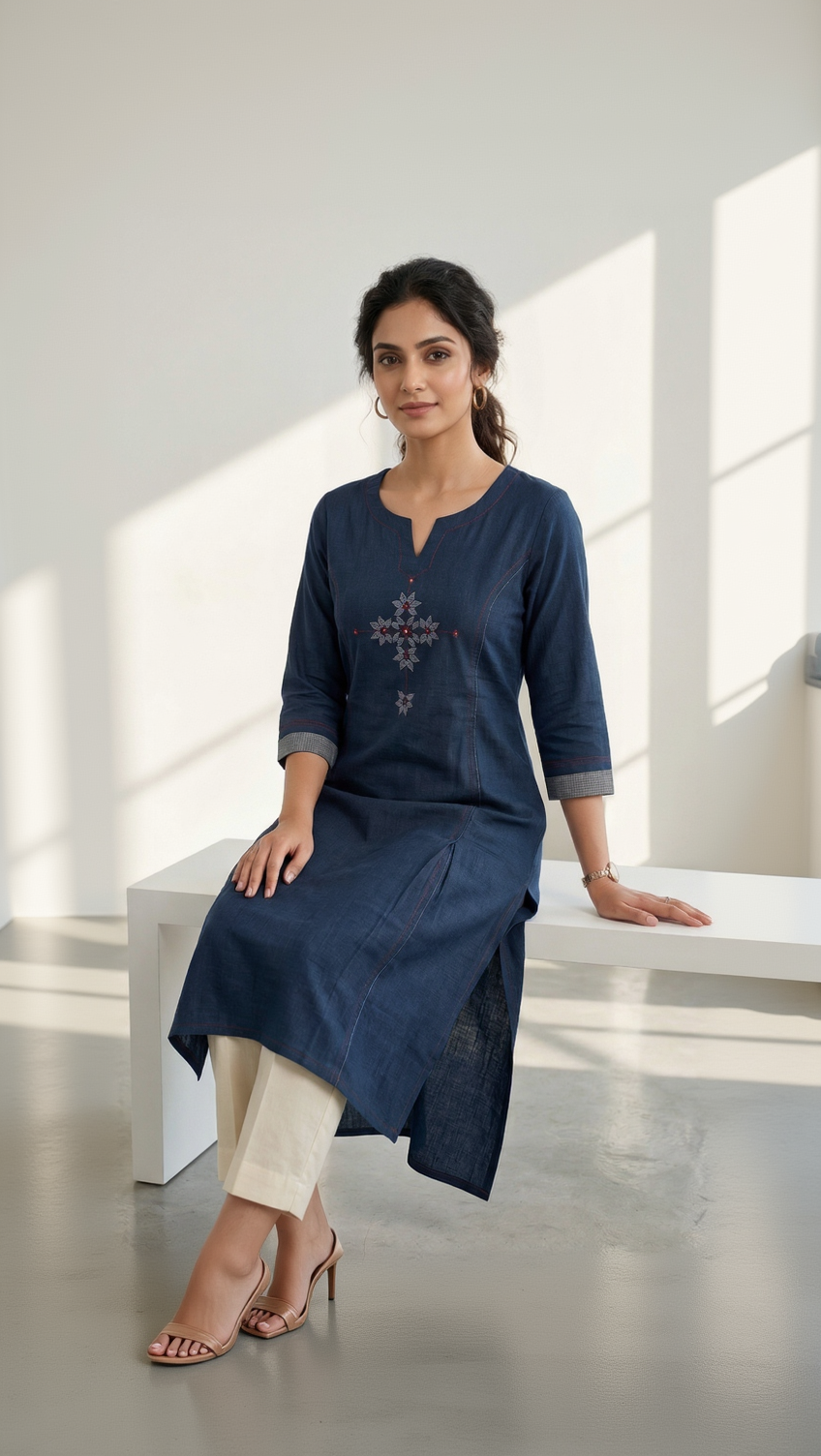 Anvita Slate Blue Slub Cotton Kurta – Maroon Tribal Yoke Embroidery – Elegant Daily Wear