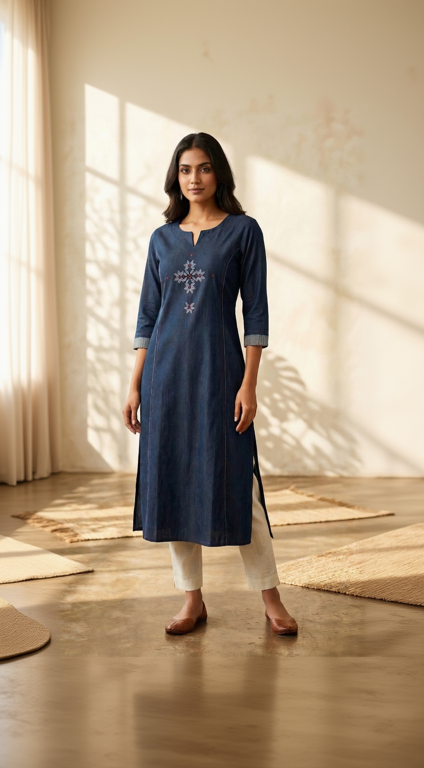 Anvita Slate Blue Slub Cotton Kurta – Maroon Tribal Yoke Embroidery – Elegant Daily Wear