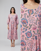 Blush Pink Cotton Slub Gathered Midi Dress – Vibrant Floral Digital Print – Keyhole Neck Detail