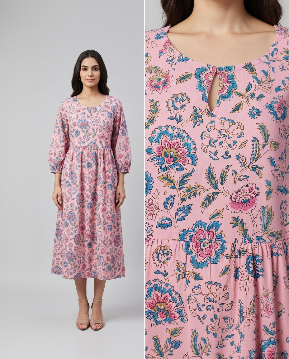 Blush Pink Cotton Slub Gathered Midi Dress – Vibrant Floral Digital Print – Keyhole Neck Detail