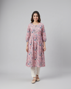 Blush Pink Cotton Slub Gathered Midi Dress – Vibrant Floral Digital Print – Keyhole Neck Detail
