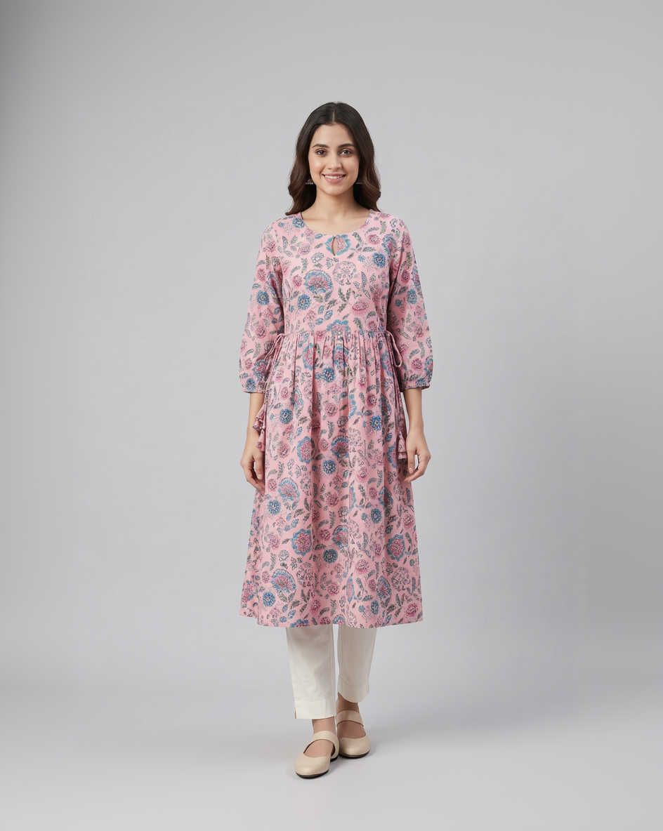 Blush Pink Cotton Slub Gathered Midi Dress – Vibrant Floral Digital Print – Keyhole Neck Detail
