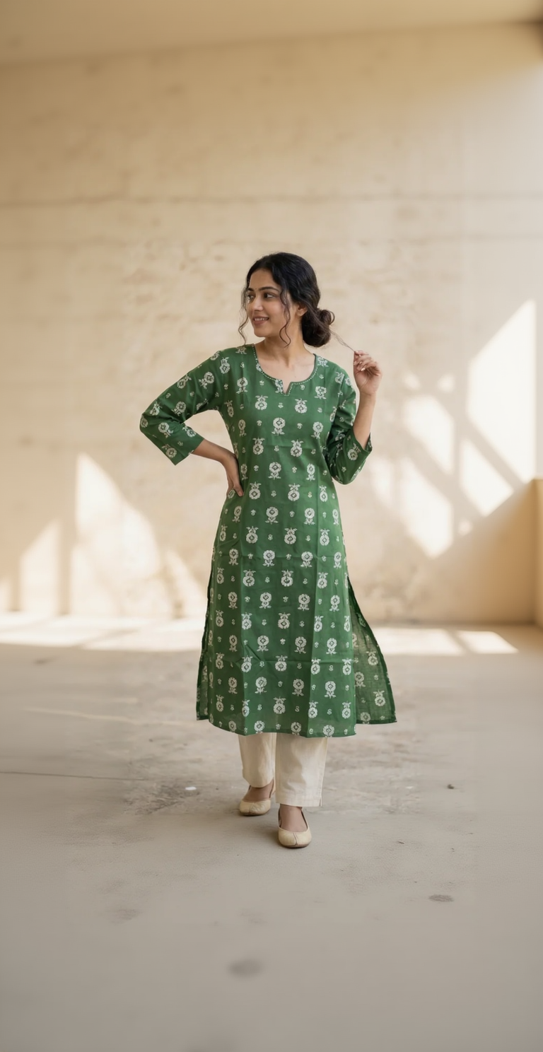 Green Floral Cotton Kurta – White Block Print Motif – Elegant Notched Neck Daily Wear for Women