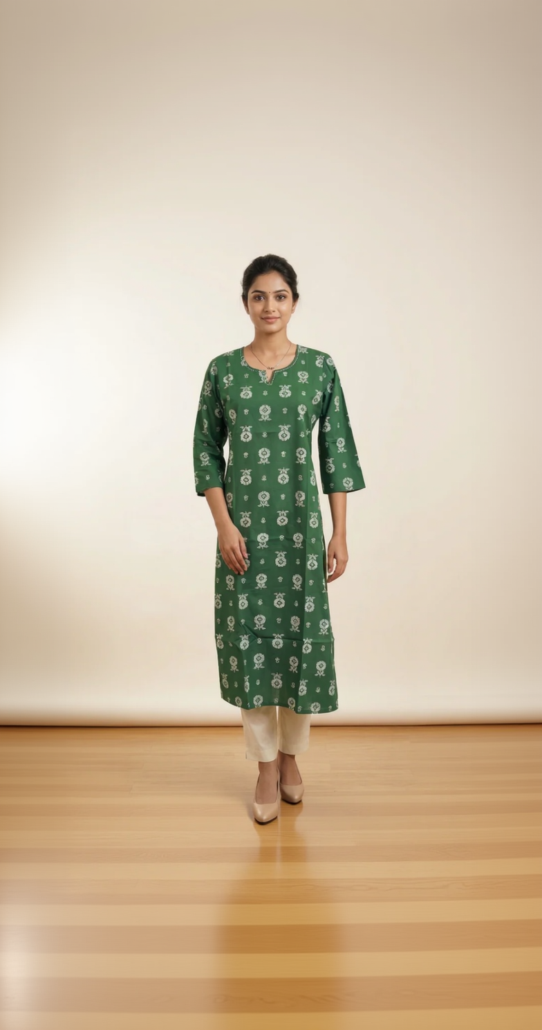 Green Floral Cotton Kurta – White Block Print Motif – Elegant Notched Neck Daily Wear for Women