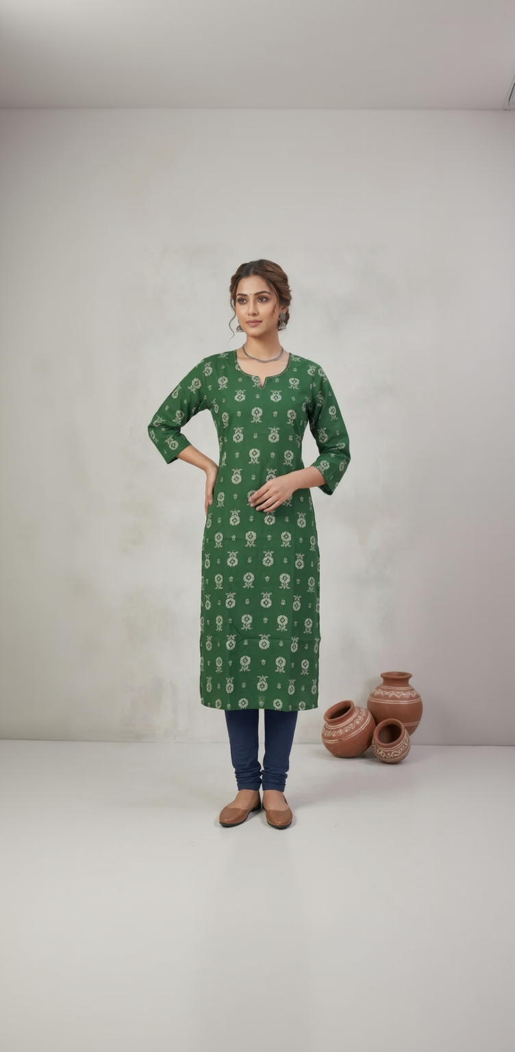 Green Floral Cotton Kurta – White Block Print Motif – Elegant Notched Neck Daily Wear for Women