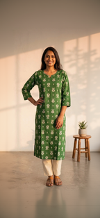 Green Floral Cotton Kurta – White Block Print Motif – Elegant Notched Neck Daily Wear for Women