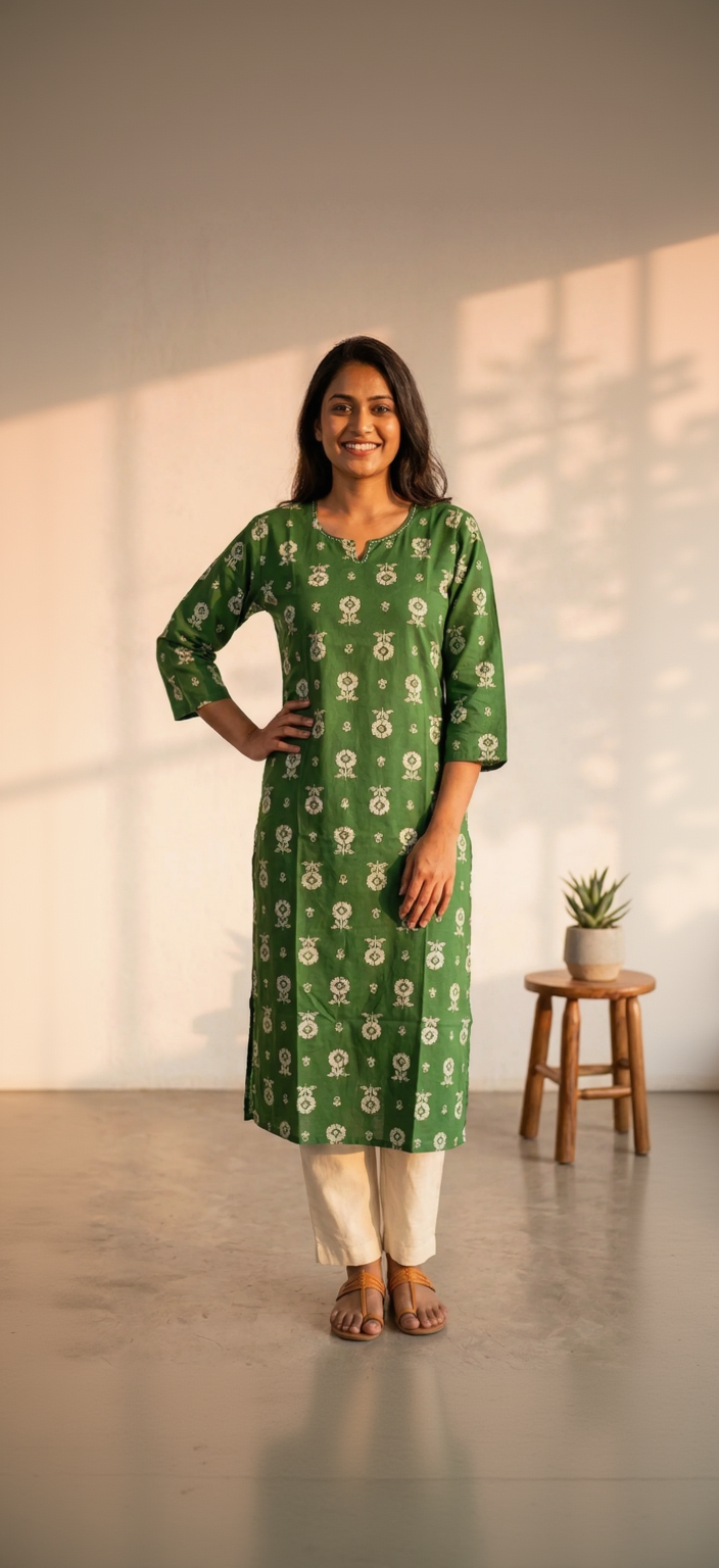 Green Floral Cotton Kurta – White Block Print Motif – Elegant Notched Neck Daily Wear for Women