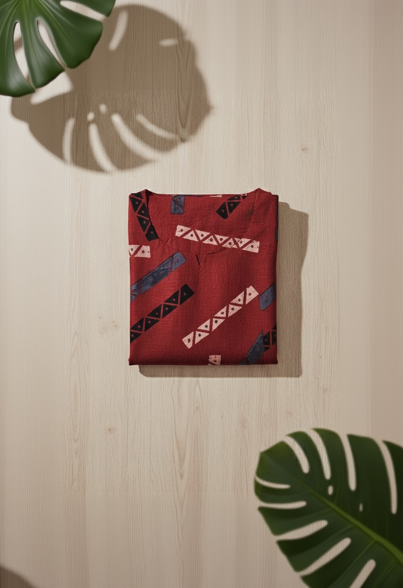 Brick Red Cotton A-Line Dress for Women – Geometric Printed Casual Wear with Inner Lining