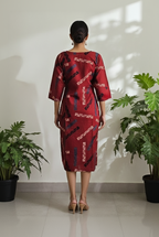 Brick Red Cotton A-Line Dress for Women – Geometric Printed Casual Wear with Inner Lining